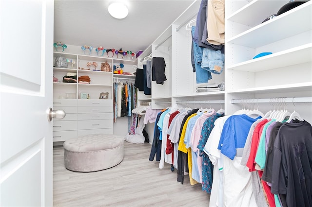 walk in closet with light wood-type flooring