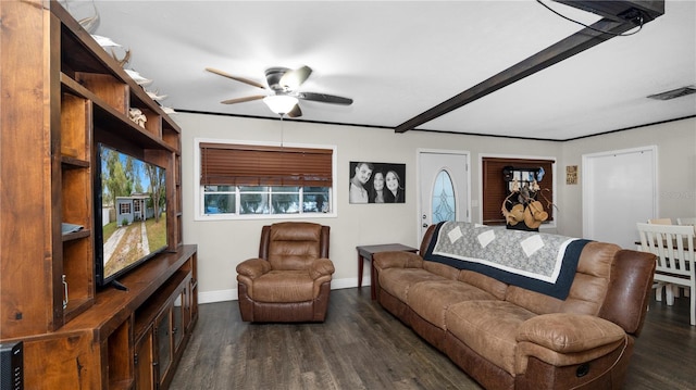 living room featuring ceiling fan and dark hardwood / wood-style floors