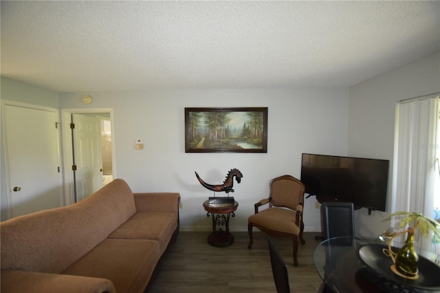 living room with dark hardwood / wood-style floors and a textured ceiling