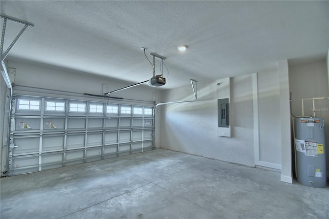 garage with a garage door opener, electric panel, and electric water heater