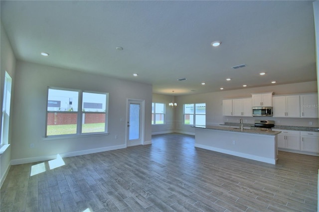 kitchen with a sink, open floor plan, light wood-style floors, and stainless steel appliances