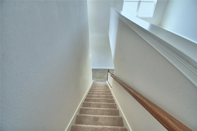 stairs with a textured wall and carpet floors