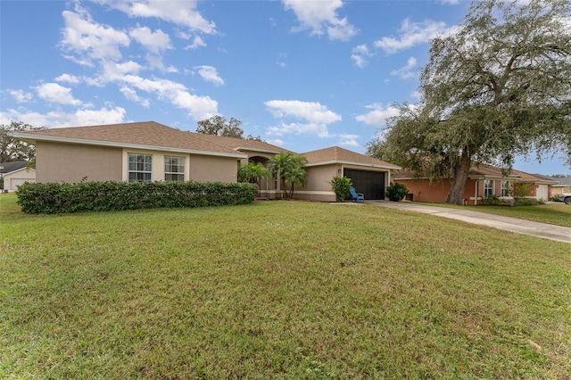 ranch-style house with a garage and a front lawn