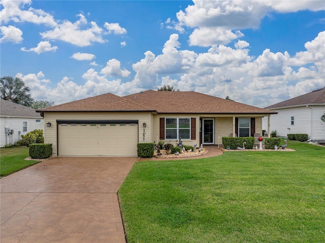 ranch-style house featuring a garage and a front yard