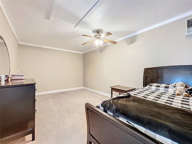 bedroom featuring light carpet, ceiling fan, and crown molding