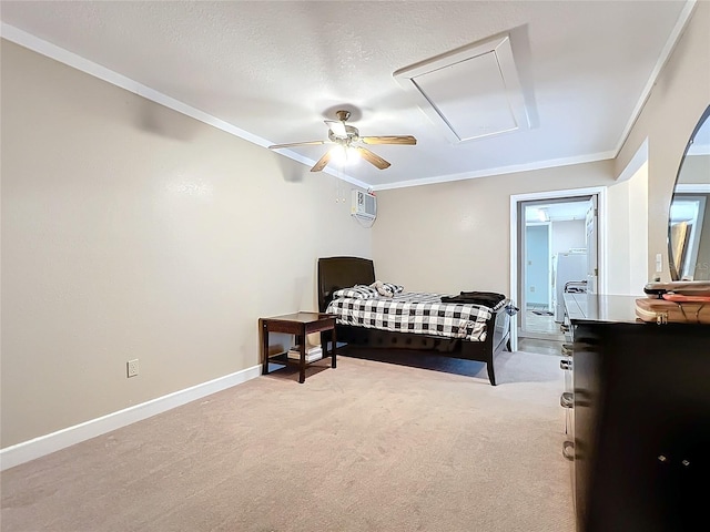 bedroom featuring a wall mounted AC, light colored carpet, ceiling fan, and crown molding