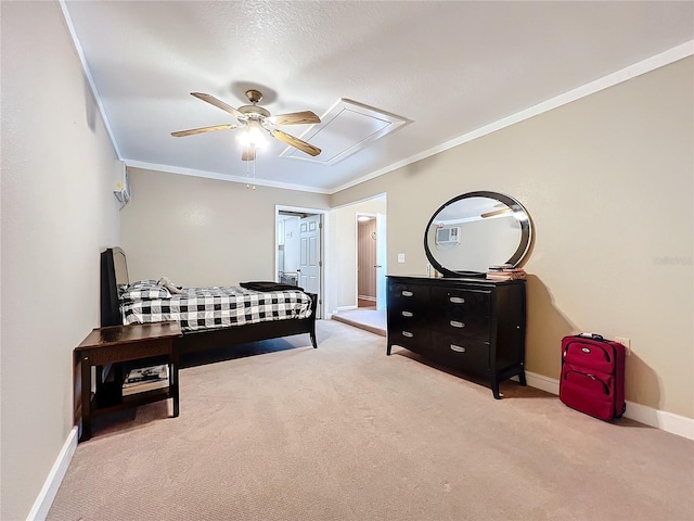 carpeted bedroom with ceiling fan, a textured ceiling, and ornamental molding