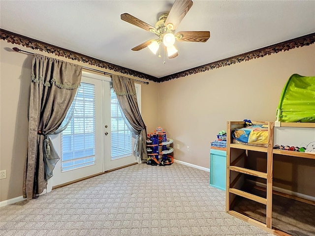 game room with french doors, carpet floors, and ceiling fan