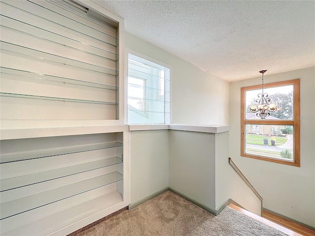 spacious closet featuring light colored carpet and a chandelier