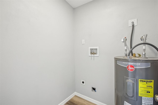 laundry room featuring hookup for an electric dryer, washer hookup, hardwood / wood-style flooring, and water heater