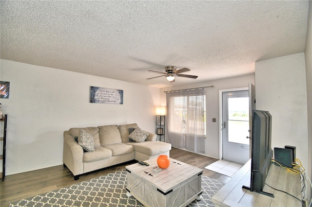 living room featuring hardwood / wood-style floors, ceiling fan, and a textured ceiling