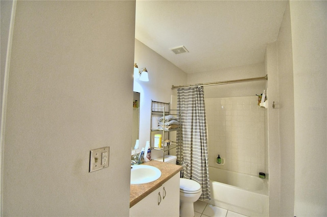 full bathroom with toilet, shower / bath combo, vanity, and tile patterned floors