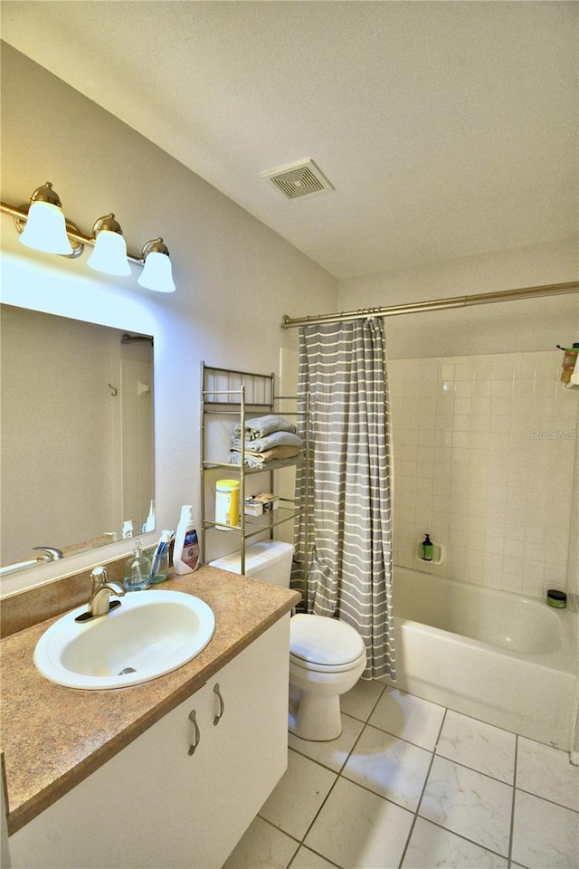 full bathroom with toilet, vanity, and shower / bathtub combination with curtain