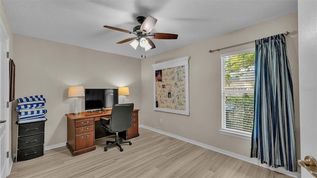 office featuring ceiling fan and light wood-type flooring