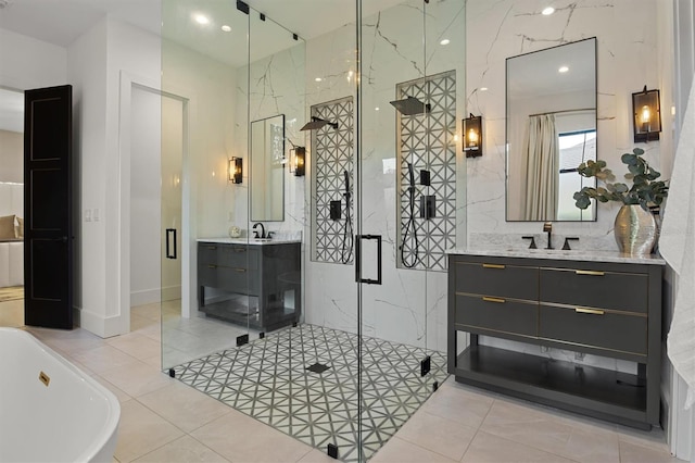 bathroom with vanity, plus walk in shower, and tile patterned flooring