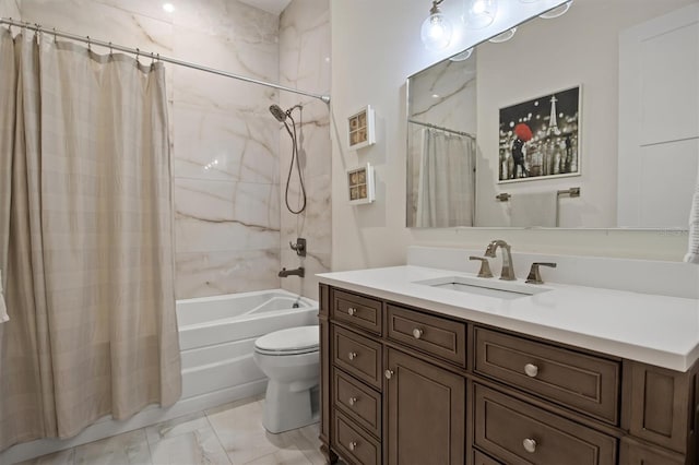 full bathroom featuring vanity, toilet, and shower / tub combo with curtain