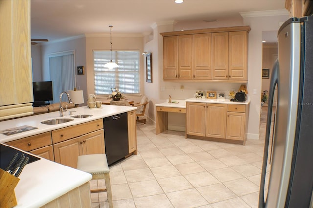 kitchen featuring black dishwasher, sink, crown molding, stainless steel refrigerator, and decorative light fixtures