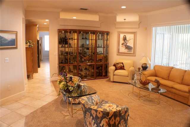 tiled living room with crown molding