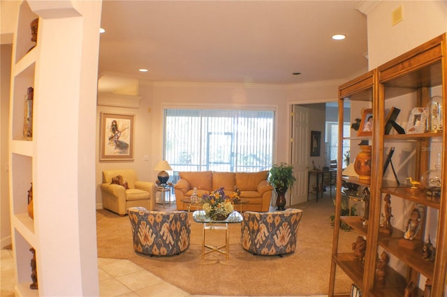 carpeted living room with crown molding