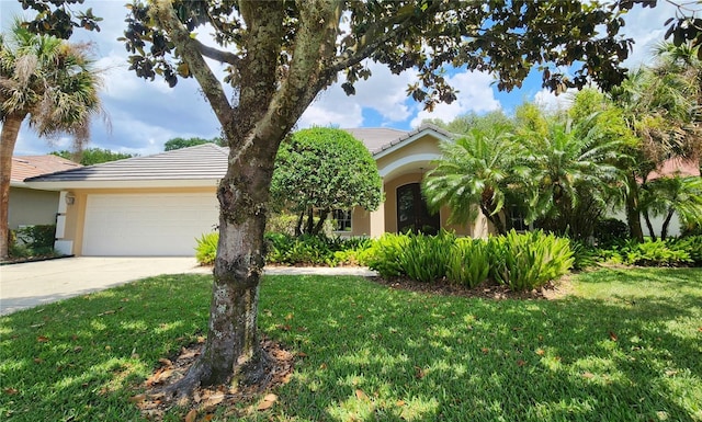 108 Lake Region Blvd N, Winter Haven, FL 33881 - view of front of house with stucco siding, a front lawn, driveway, a garage, and a tiled roof