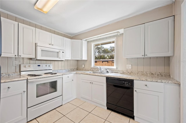 kitchen featuring ornamental molding, white cabinetry, sink, light tile patterned floors, and white appliances