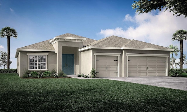 view of front of home with a garage and a front lawn