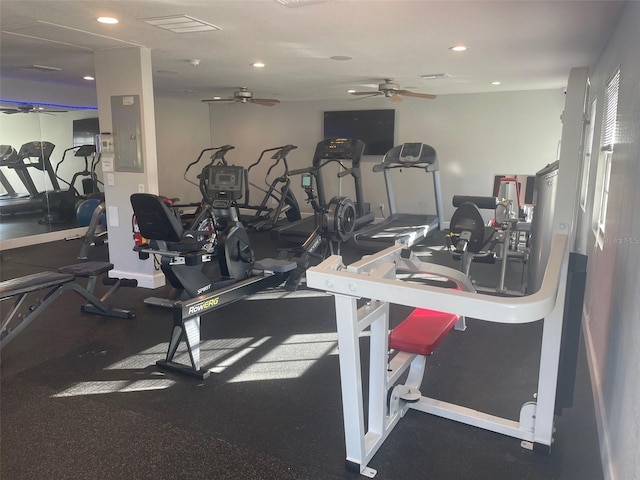 workout area featuring ceiling fan