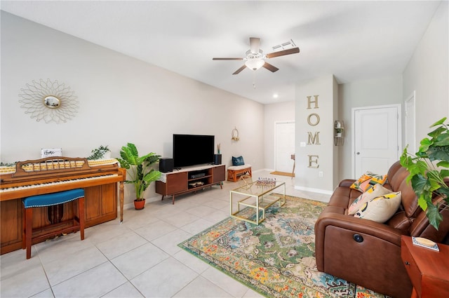 living room with light tile patterned flooring and ceiling fan