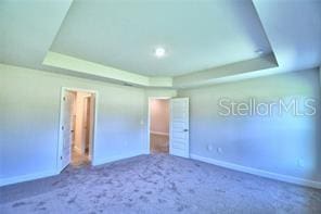 unfurnished bedroom with a raised ceiling and carpet