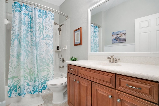 full bathroom featuring shower / tub combo with curtain, vanity, toilet, and tile patterned flooring