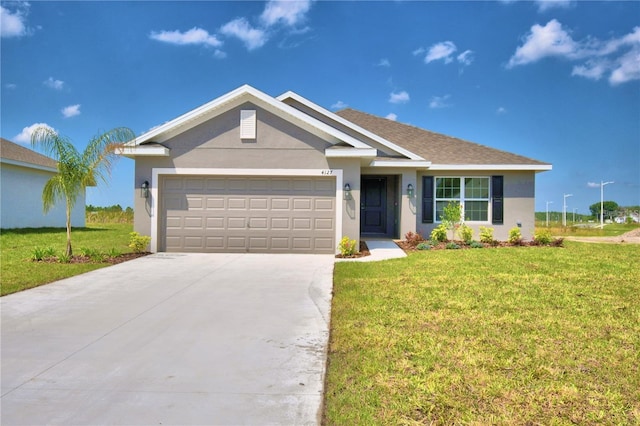 ranch-style home with a front yard and a garage