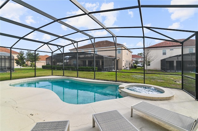 view of pool with a patio, a lanai, and a yard