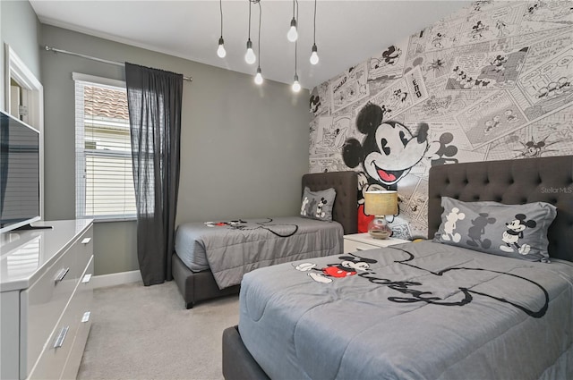 bedroom featuring light colored carpet