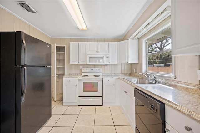 kitchen featuring black appliances, white cabinetry, sink, and crown molding