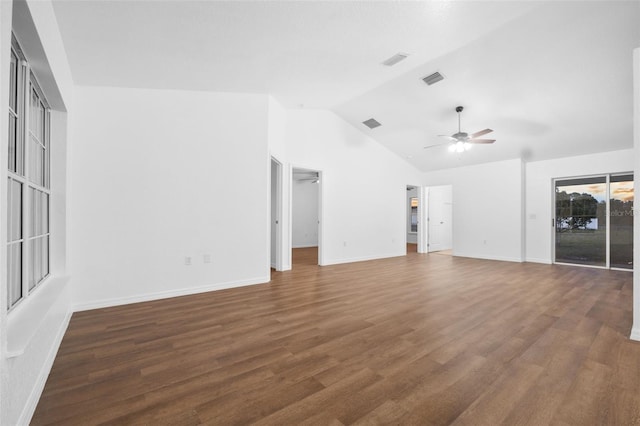 unfurnished living room with ceiling fan, dark hardwood / wood-style floors, and lofted ceiling