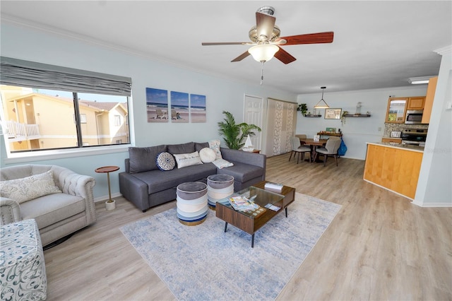 living room featuring ceiling fan, ornamental molding, and light hardwood / wood-style floors