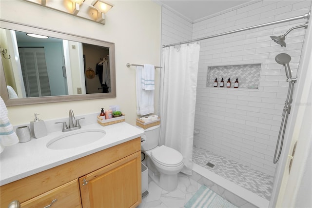 bathroom with vanity, toilet, and a shower with shower curtain