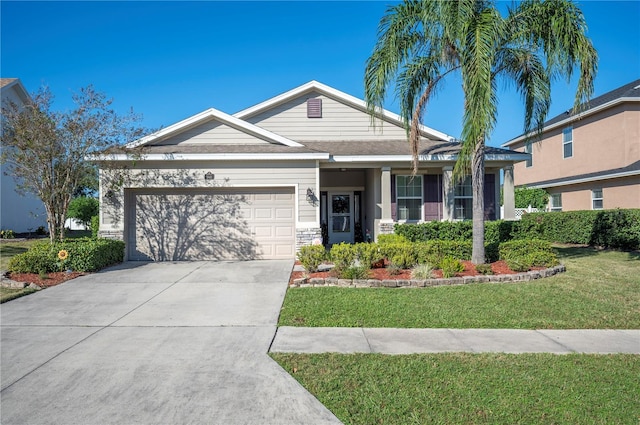 1849 Charleston Ln, Bartow, FL 33830 - ranch-style home featuring an attached garage, driveway, a front yard, and stone siding