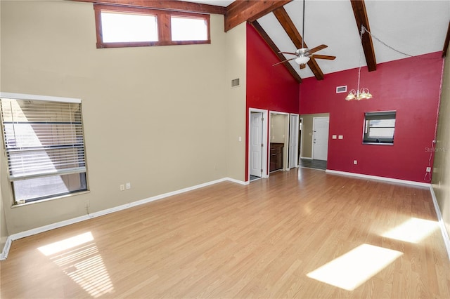 unfurnished living room featuring hardwood / wood-style floors, beam ceiling, ceiling fan with notable chandelier, and high vaulted ceiling