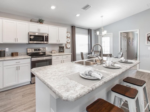 kitchen featuring white cabinetry, appliances with stainless steel finishes, pendant lighting, sink, and an island with sink