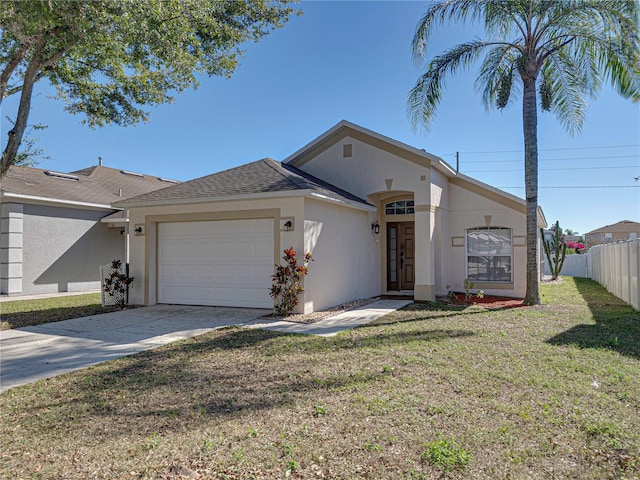 ranch-style house with a garage and a front lawn