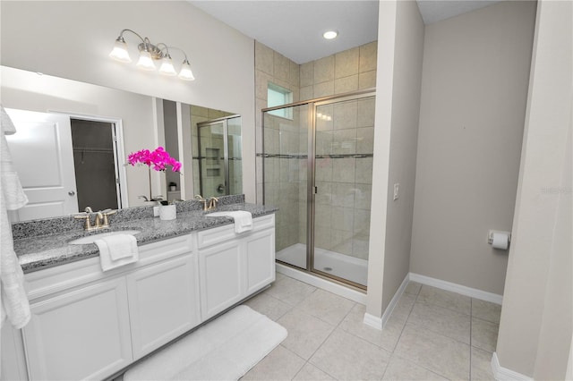 bathroom featuring tile patterned flooring, vanity, and an enclosed shower