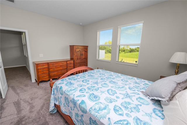 carpeted bedroom with a walk in closet