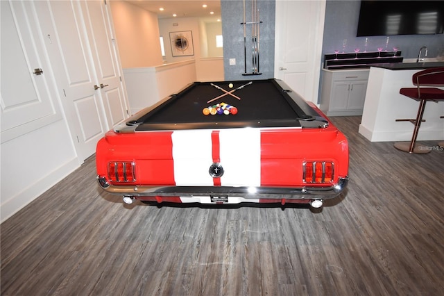 recreation room with dark hardwood / wood-style flooring and pool table