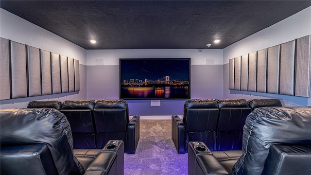 carpeted cinema with a textured ceiling