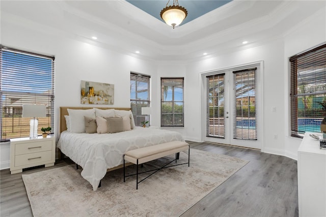 bedroom featuring a raised ceiling, access to outside, multiple windows, and light hardwood / wood-style flooring