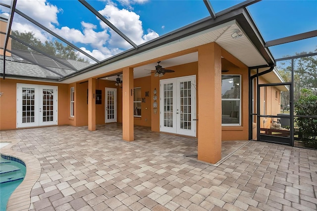 exterior space with ceiling fan and french doors