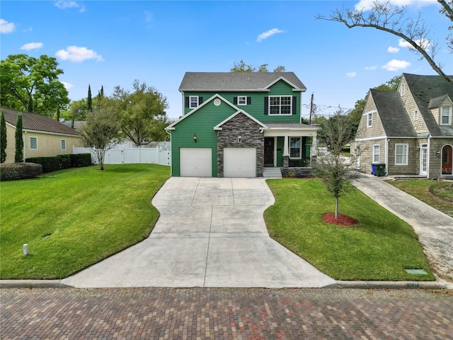 view of front facade featuring a garage and a front lawn