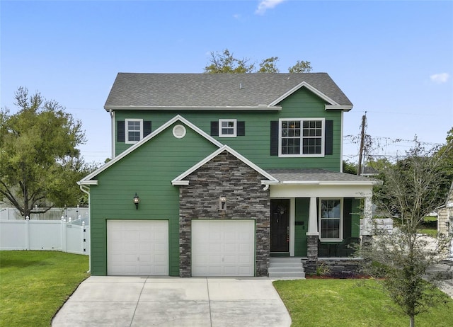 craftsman-style home with a garage and a front lawn