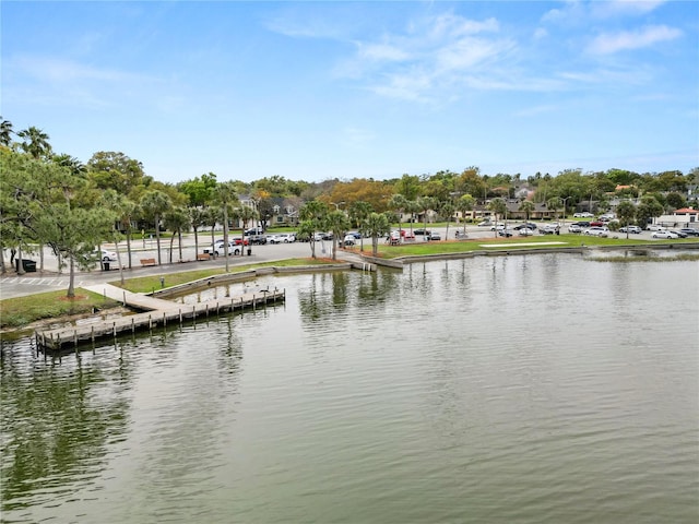 view of water feature with a dock